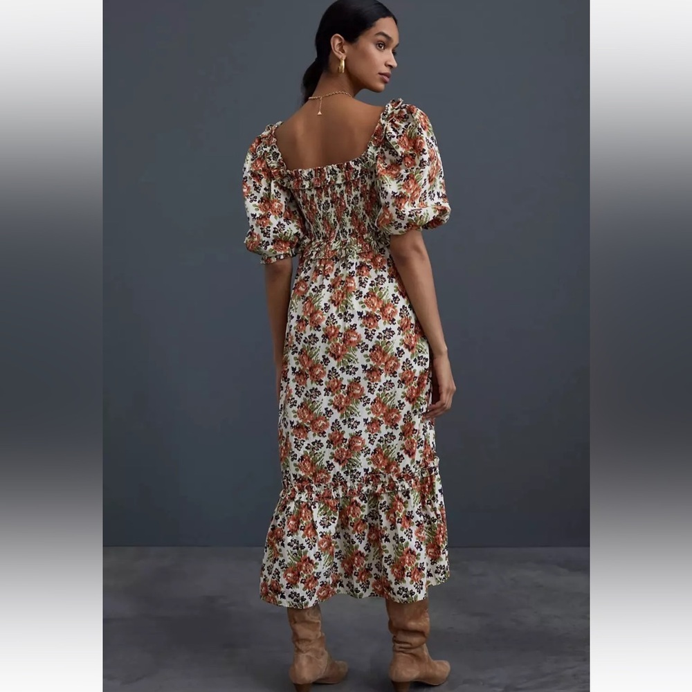 Anthropologie Love the Label Fall Floral Puff Sleeve Midi Dress Brown Cream M - Picture 2 of 14